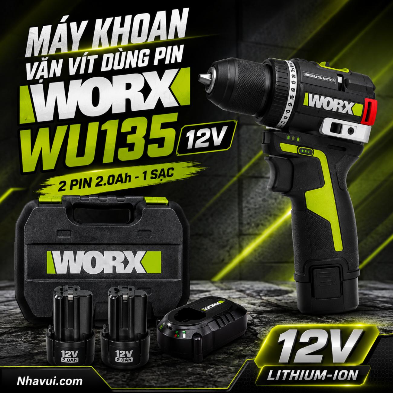 Máy khoan vặn vít dùng pin 12V Worx WU135 (2 pin 2.0Ah, 1 sạc)