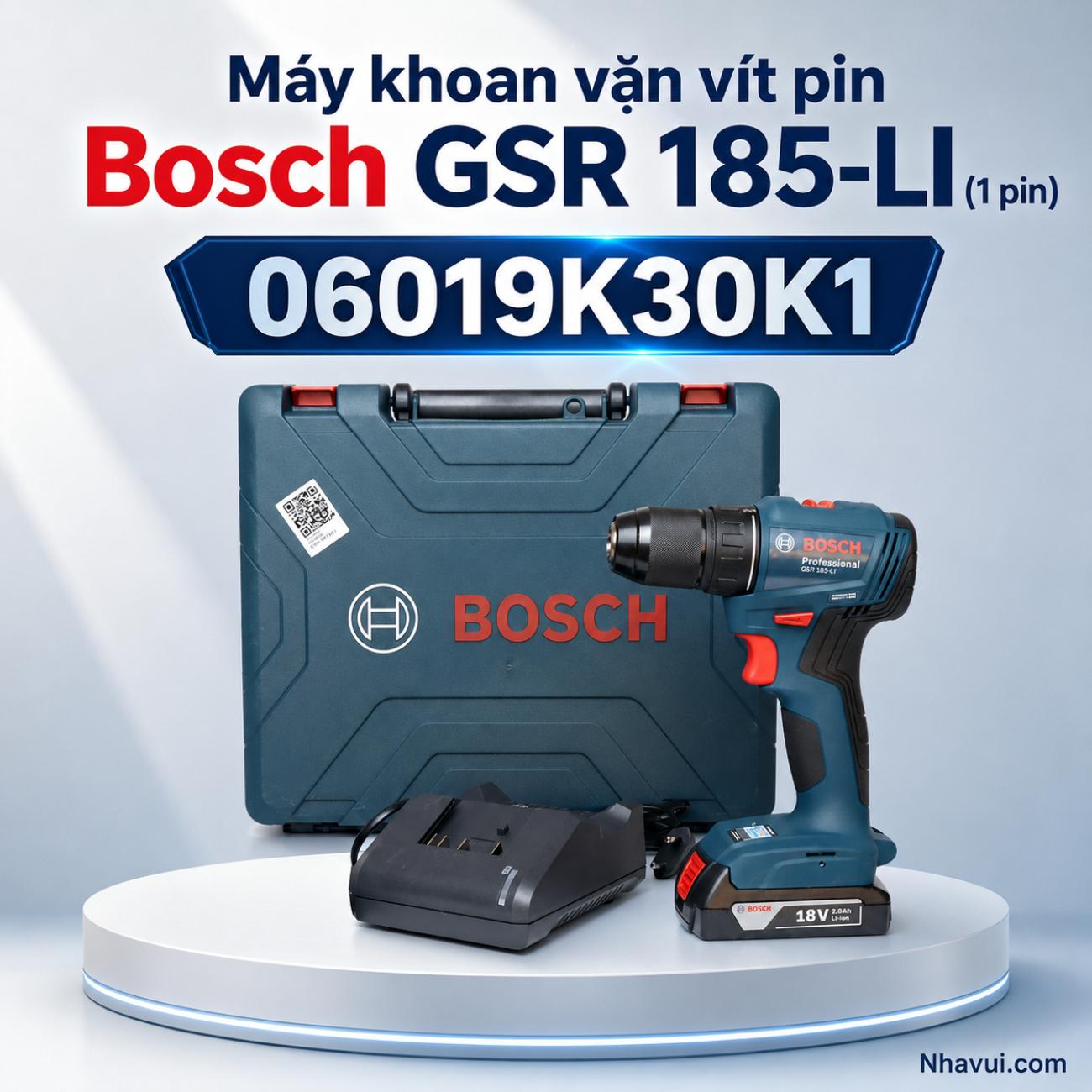 Máy khoan vặn vít pin Bosch GSR 185-LI 18V mô-men xoắn 50Nm kèm 1 pin 06019K30K1