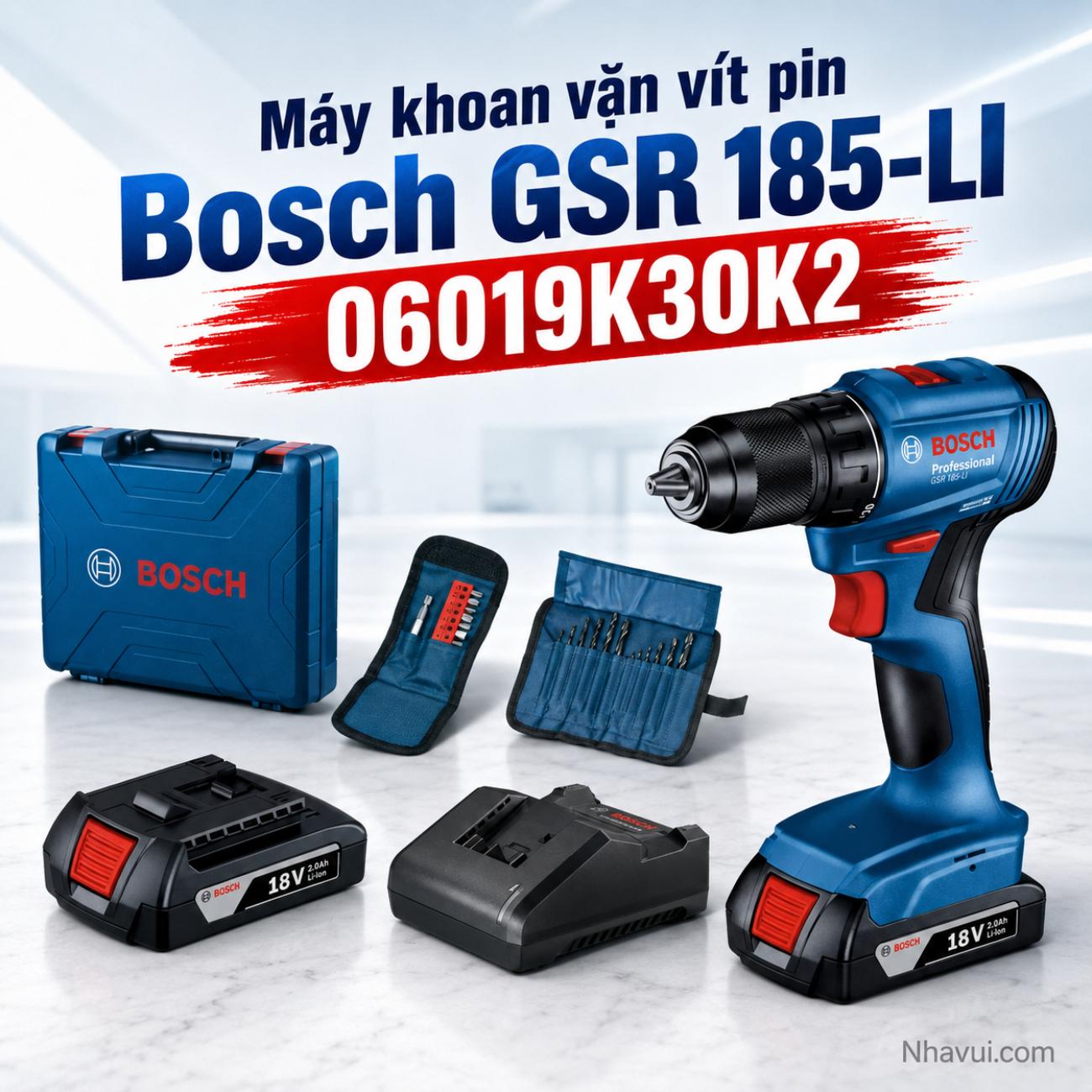 Máy khoan vặn vít pin Bosch GSR 185-LI 18V mô-men xoắn 50Nm kèm 2 pin 06019K30K2
