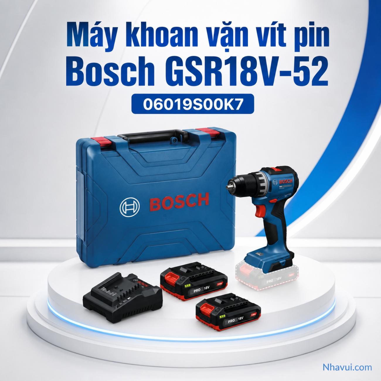 Máy khoan vặn vít pin Bosch GSR 18V-52 18V mô-men xoắn 52Nm kèm 2 pin 06019S00K7