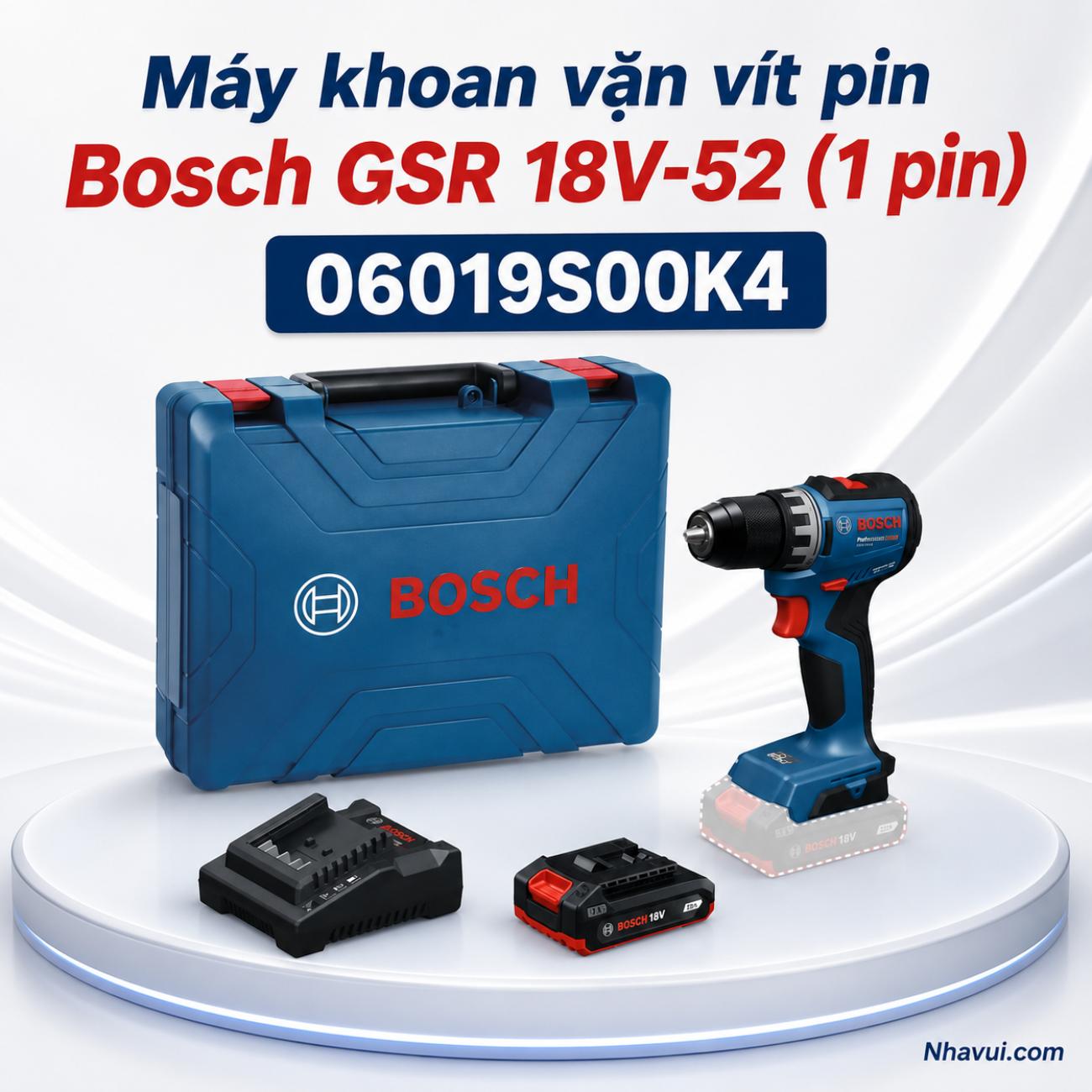 Máy khoan vặn vít pin Bosch GSR 18V-52 18V mô-men xoắn cứng 52Nm kèm 1 pin 06019S00K4