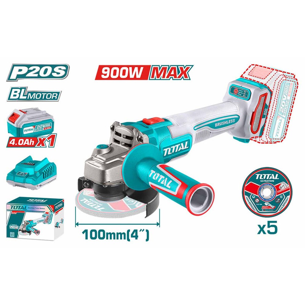 Máy mài góc dùng pin 20V Total TAGLI261021 đá 100 mm (kèm 1 pin 4.0Ah, 1 sạc)