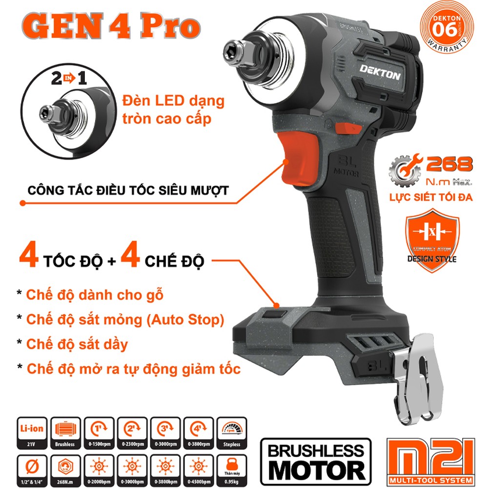 Máy siết bu lông và vặn vít dùng pin 21V Dekton M21-CV268PLUS 265 Nm (chưa pin, sạc)