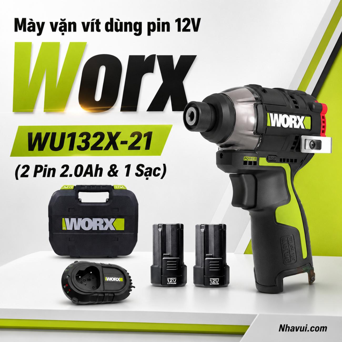 Máy vặn vít dùng pin 12V Worx WU132X-21 (2 Pin 2.0Ah & 1 Sạc)