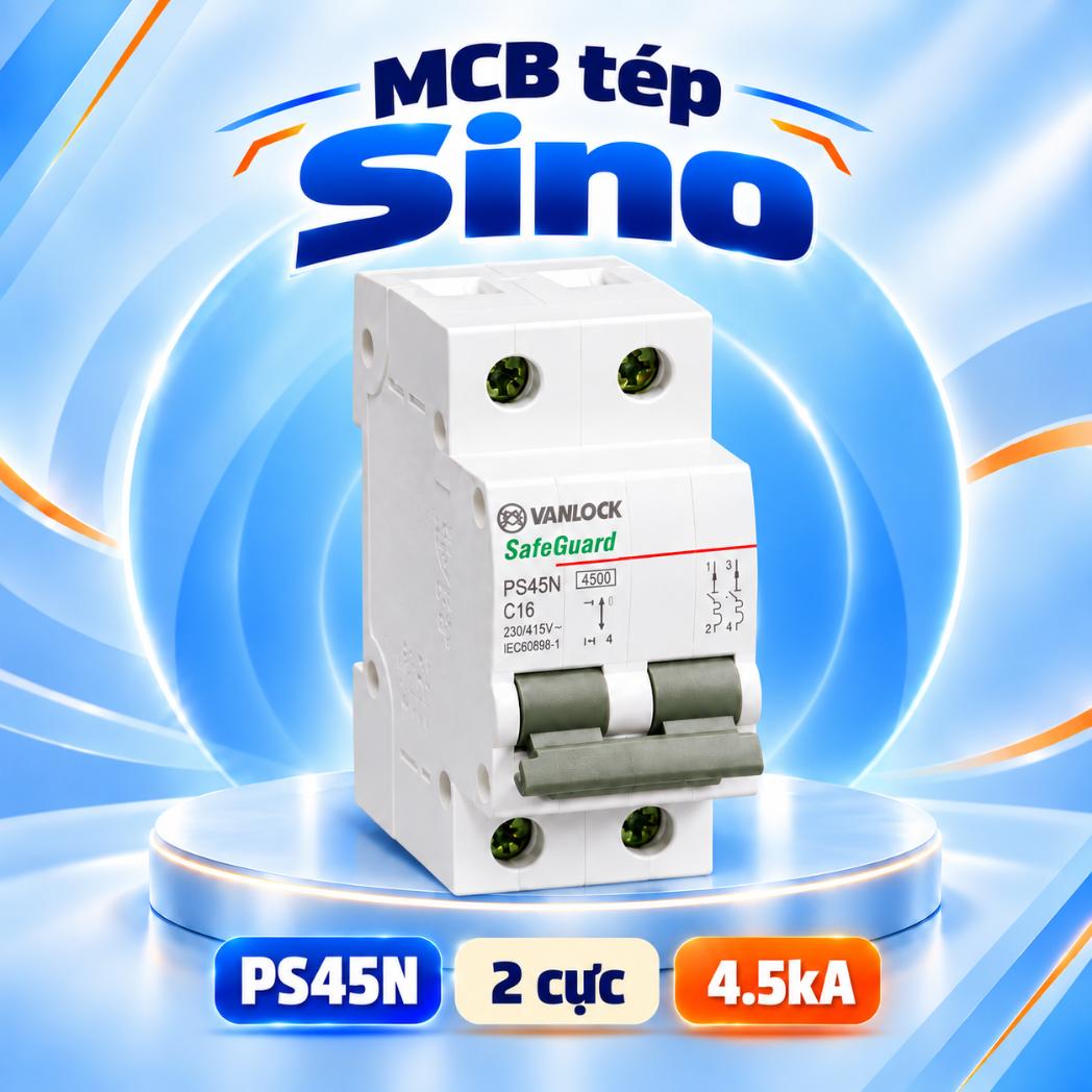 MCB tép Sino PS45N 2 cực 4.5kA – 10A–63A, cầu dao tự động (MCB) 2 cực, chính hãng
