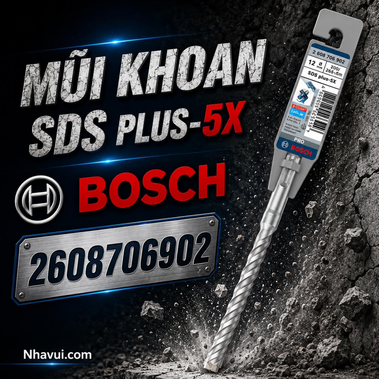 Mũi khoan bê tông Bosch SDS PLUS-5X kích thước 10x100x160mm 2608706902