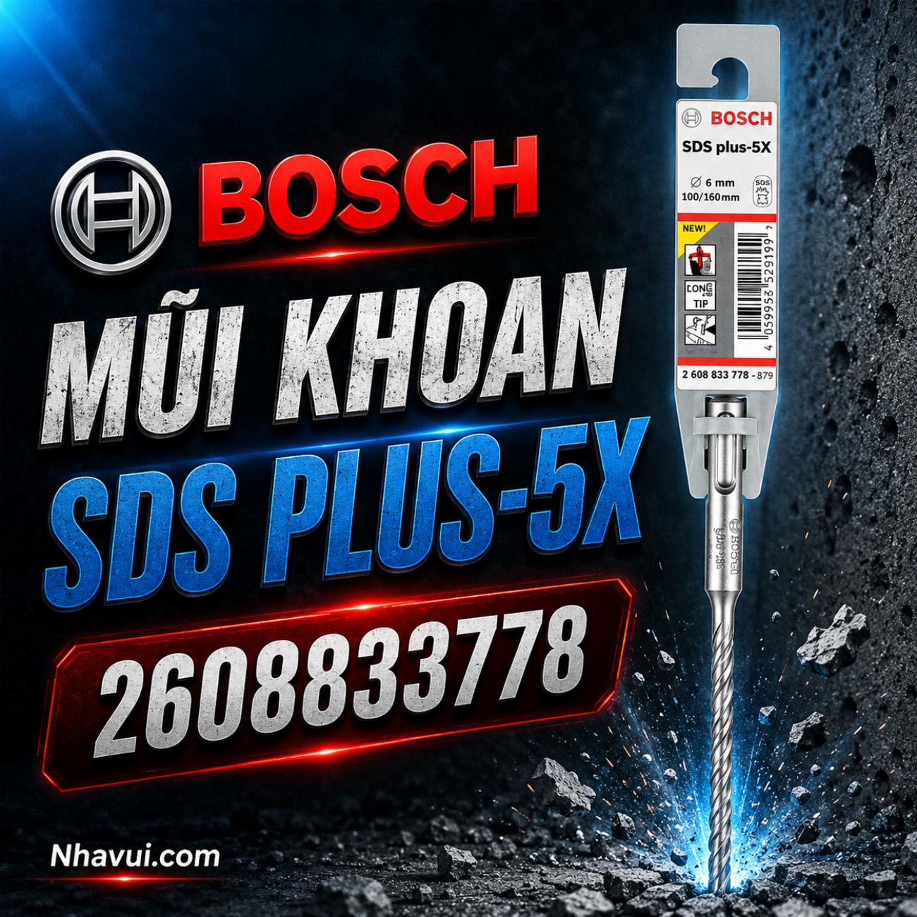 Mũi khoan bê tông Bosch SDS PLUS-5X kích thước 6x100x160mm 2608833778