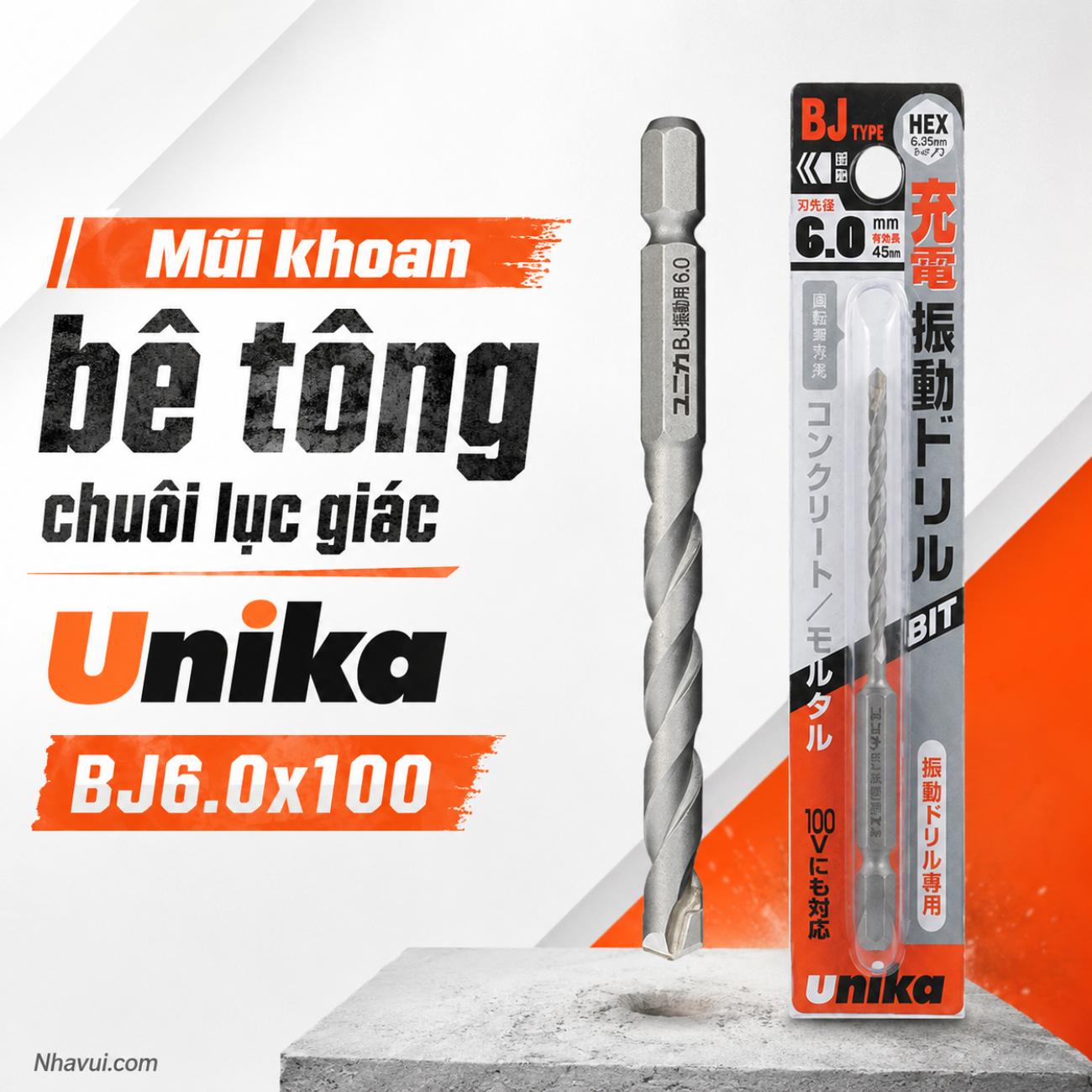 Mũi khoan bê tông chuôi lục giác Unika BJ6.0x100 Ø6mm dài 100mm