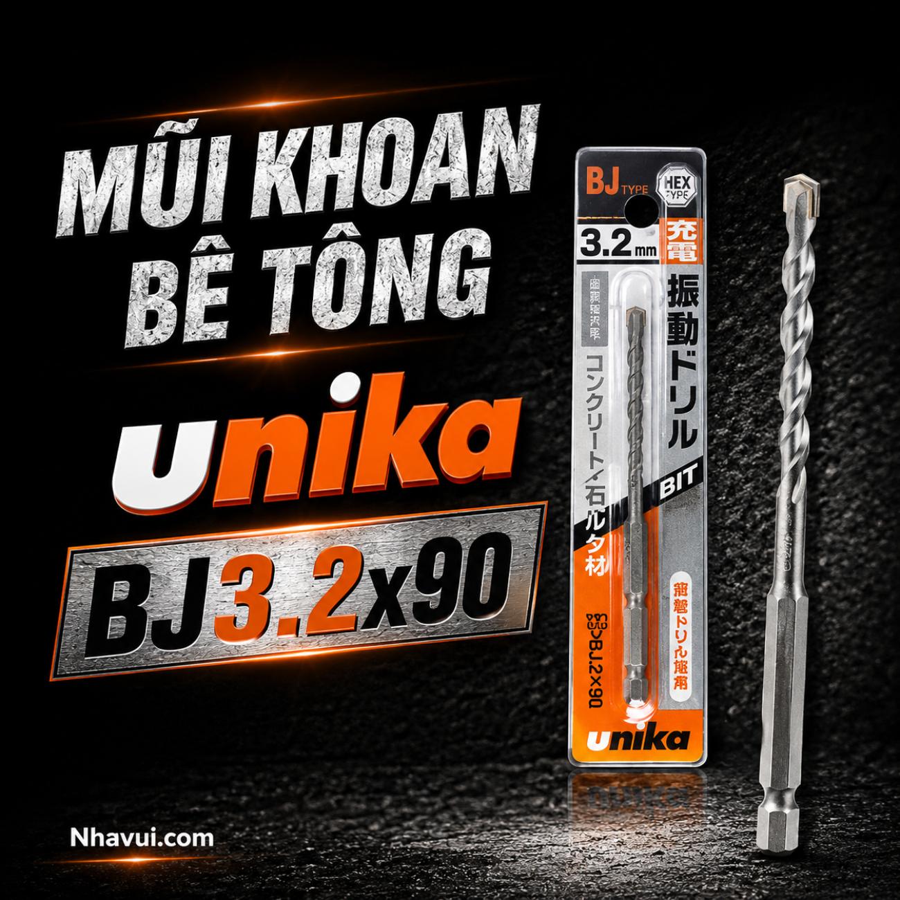 Mũi khoan bê tông chuôi lục giác Unika kích thước 3.2x90mm BJ3.2x90