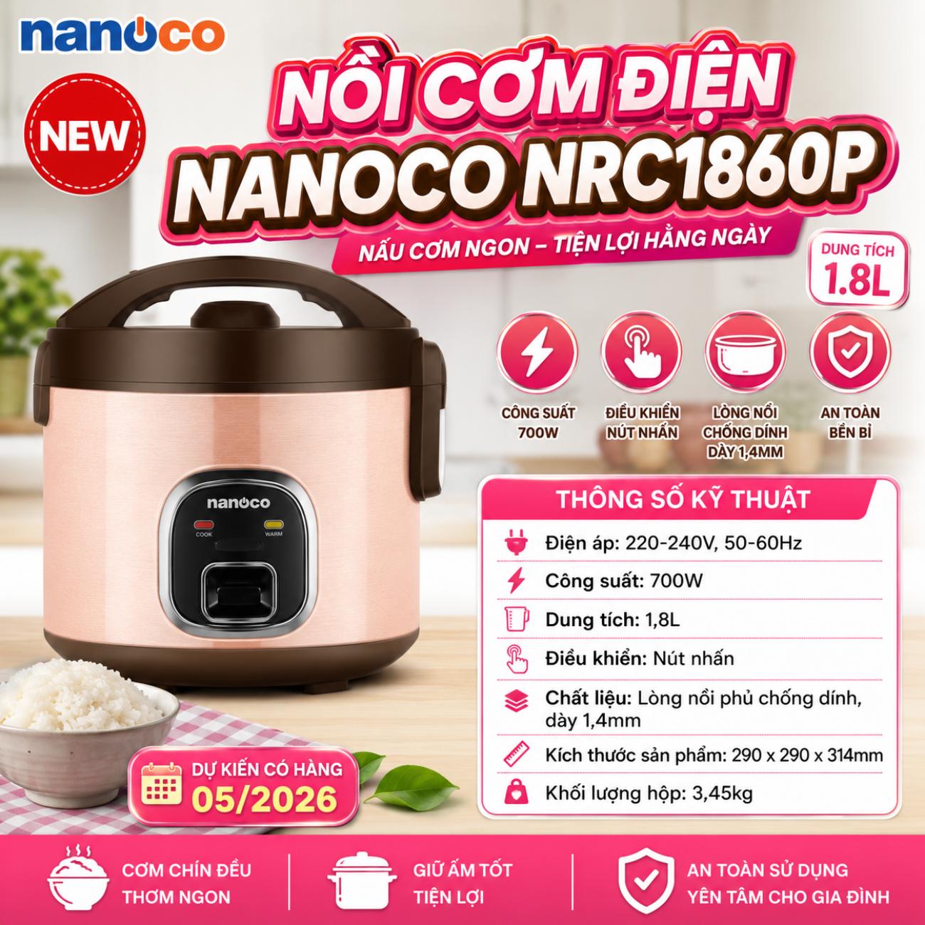 Nồi cơm điện Nanoco NRC1860P 1.8L màu hồng