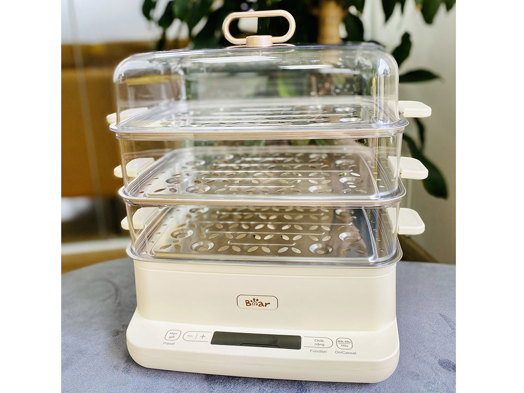 Nồi hấp điện đa năng 3 tầng Bear SB-NH12L 12 lít, khay inox, hẹn giờ