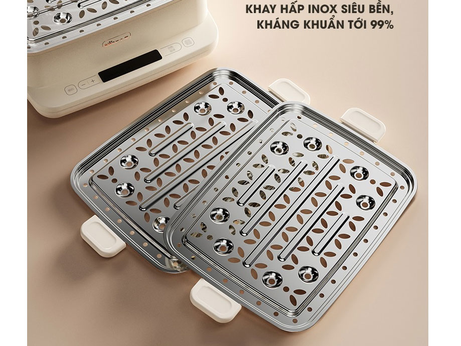Nồi hấp điện đa năng 3 tầng Bear SB-NH12L 12 lít, khay inox, hẹn giờ
