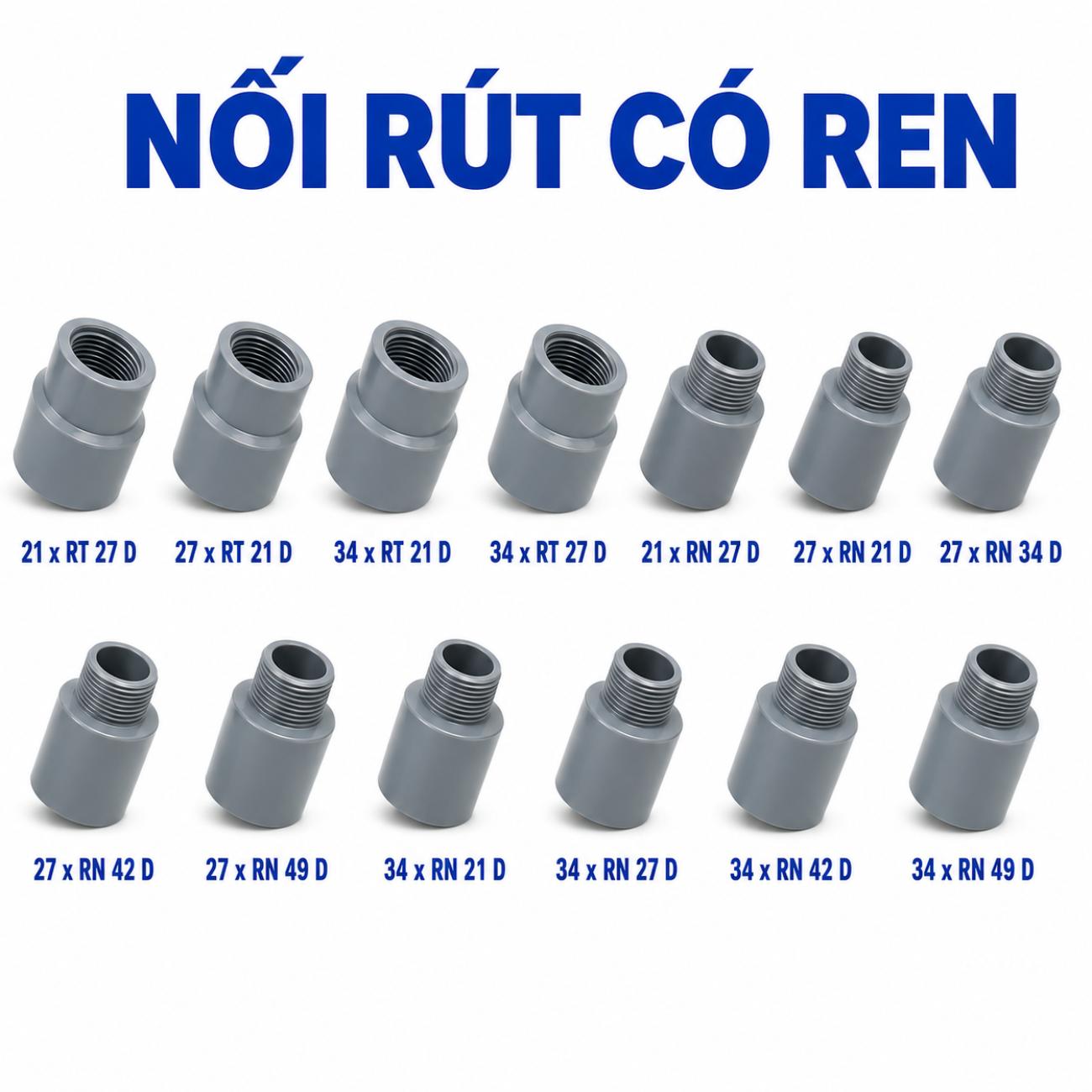 Nối rút có ren cho ống nước PVC cứng Bình Minh 21xRT27D – 34xRN49D