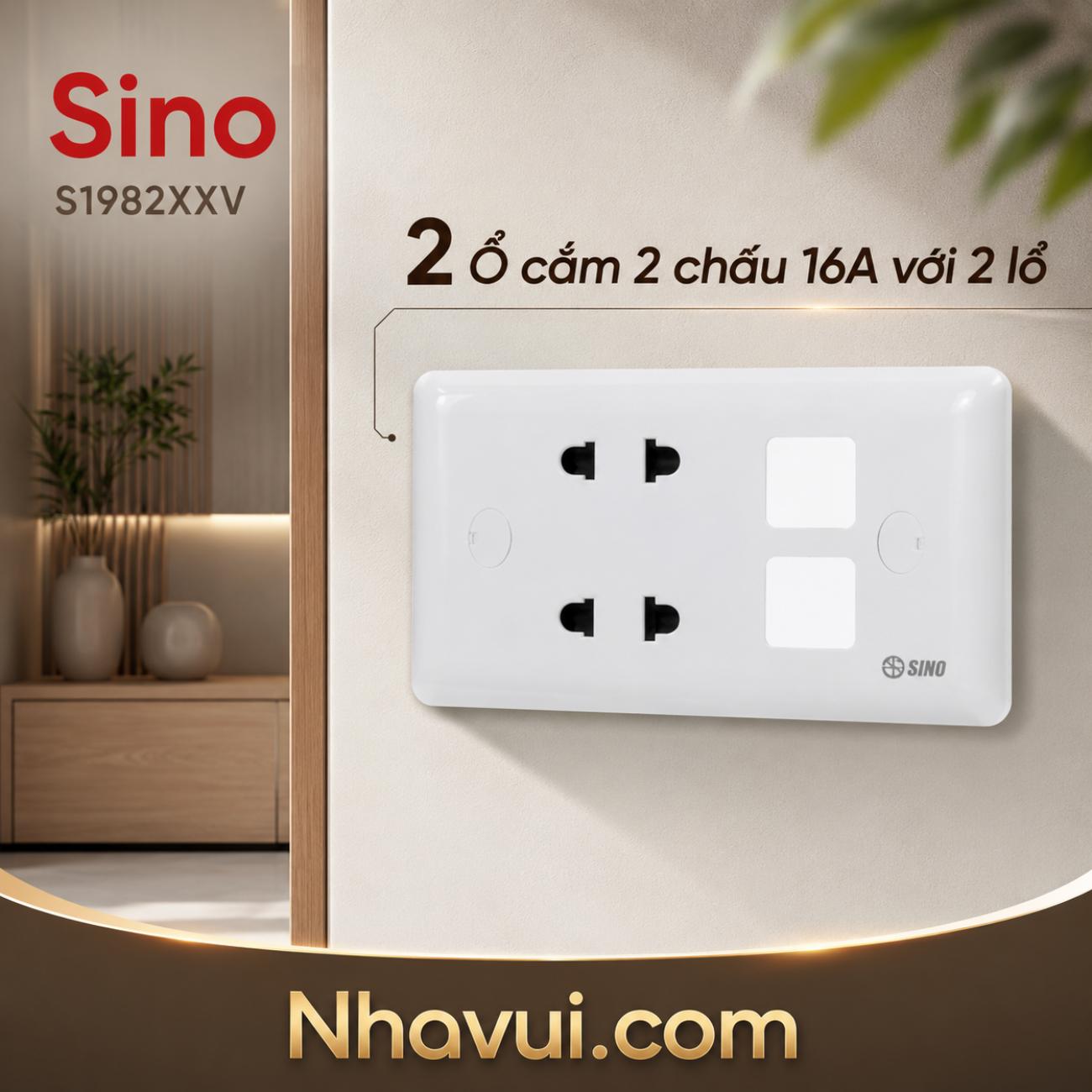 Ổ cắm đôi 2 chấu 16A với 2 lỗ Sino S1982XXV