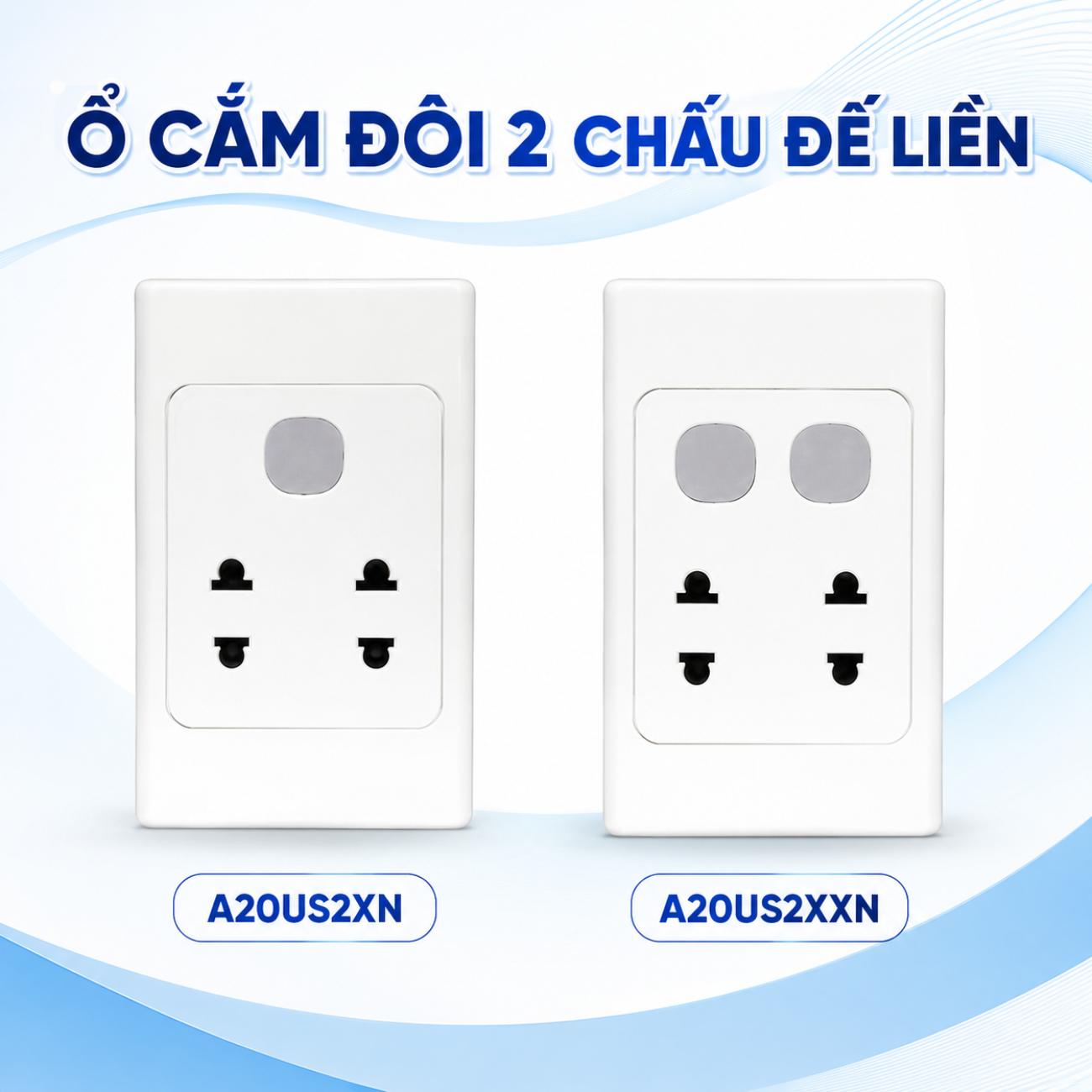 Ổ cắm đôi 2 chấu MPE A20US2XN A20US2XXN đế liền 16A 120x72mm