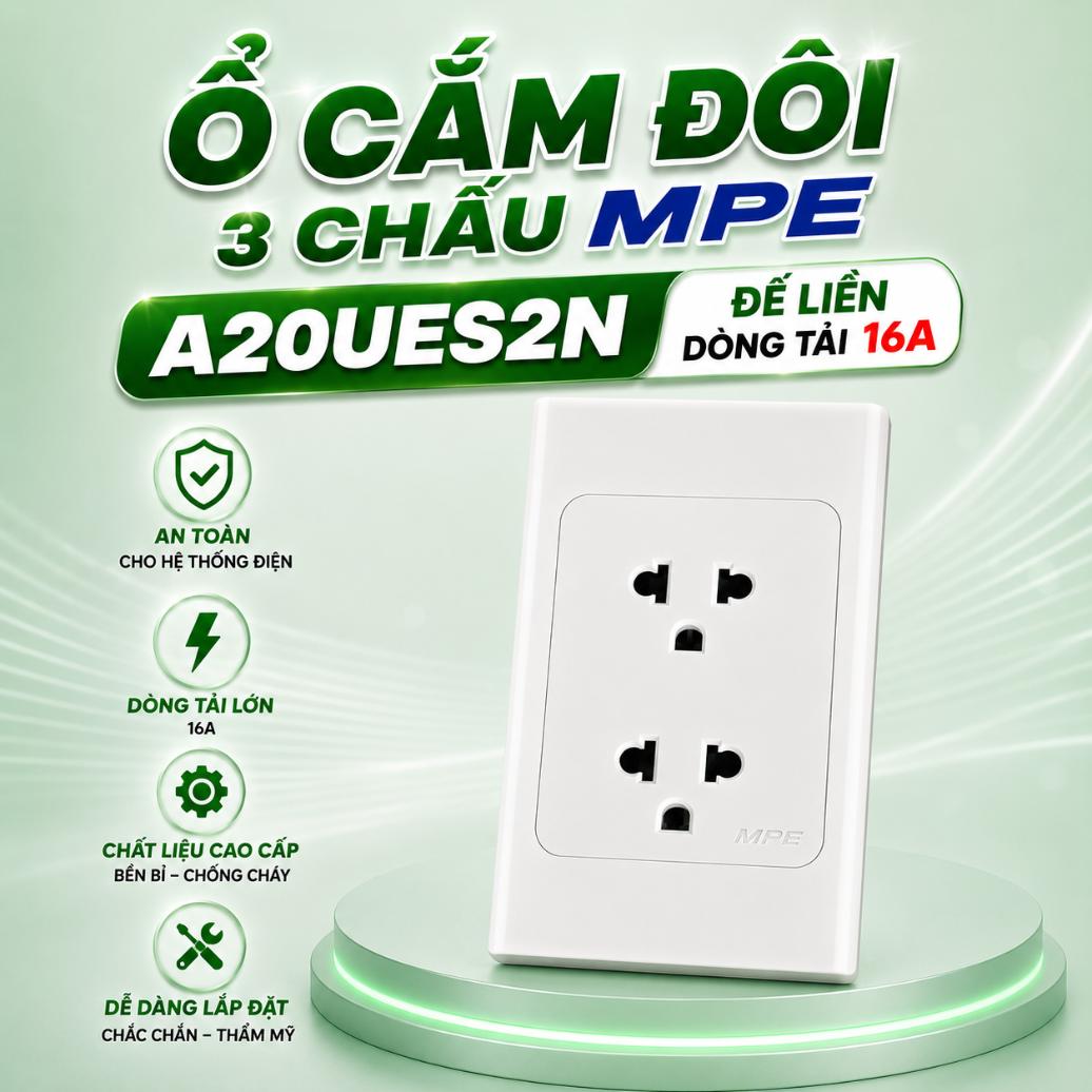Ổ cắm đôi 3 chấu MPE A20UES2N đế liền 16A 120x72mm