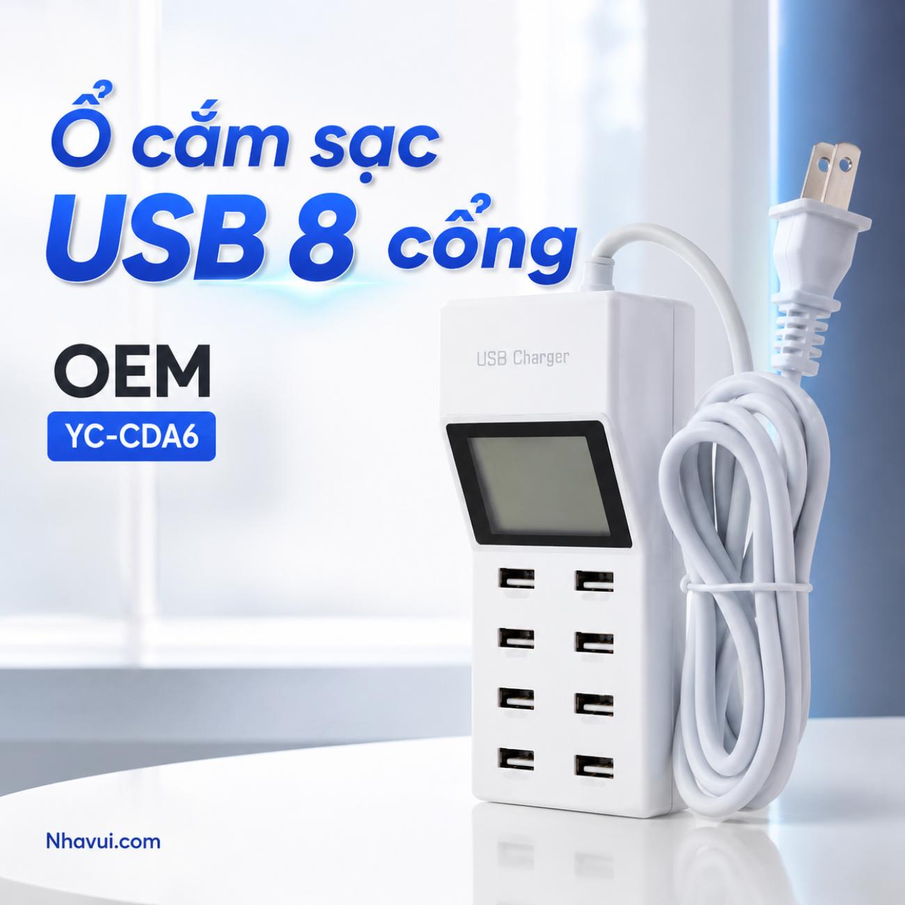 Ổ cắm sạc USB 8 cổng YC-CDA6 đầu ra 5V/8A có màn hình LED