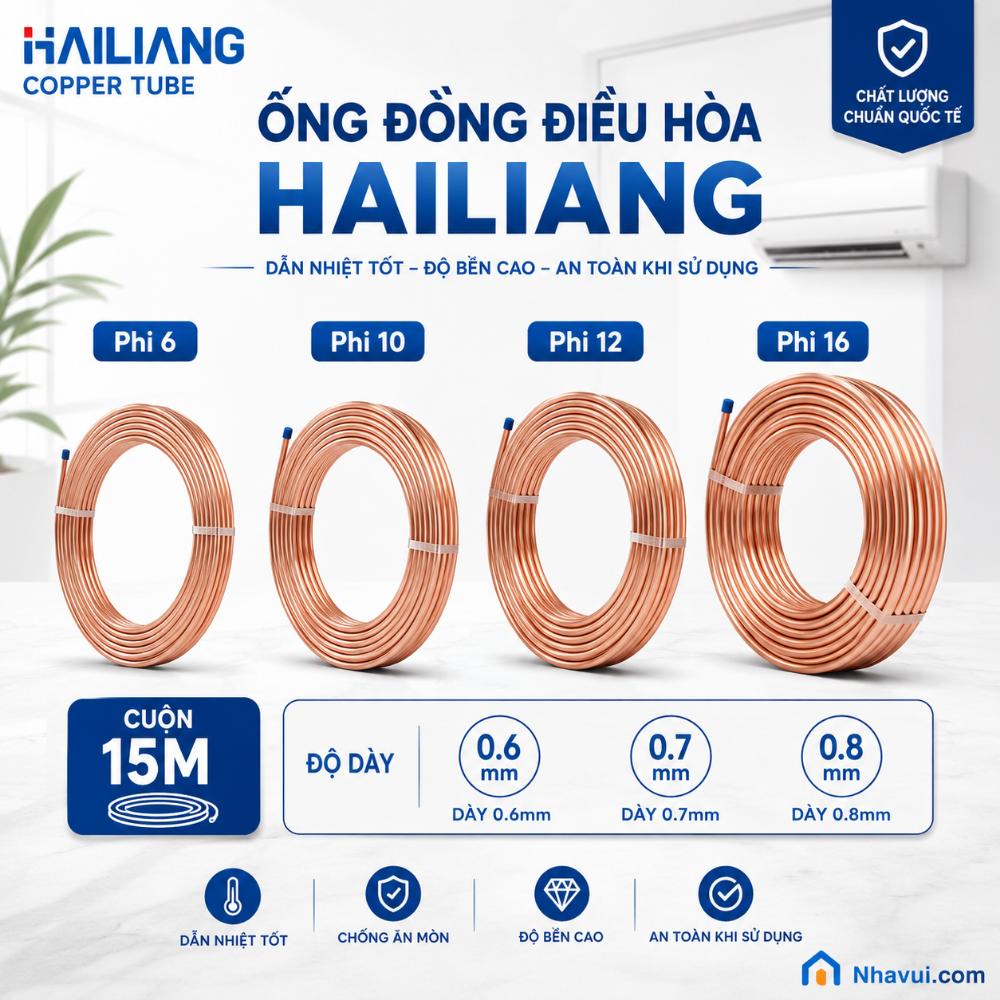 Ống đồng điều hòa Hailiang phi 6 10 12 16 dày 0.6/0.7/0.8mm cuộn 15m