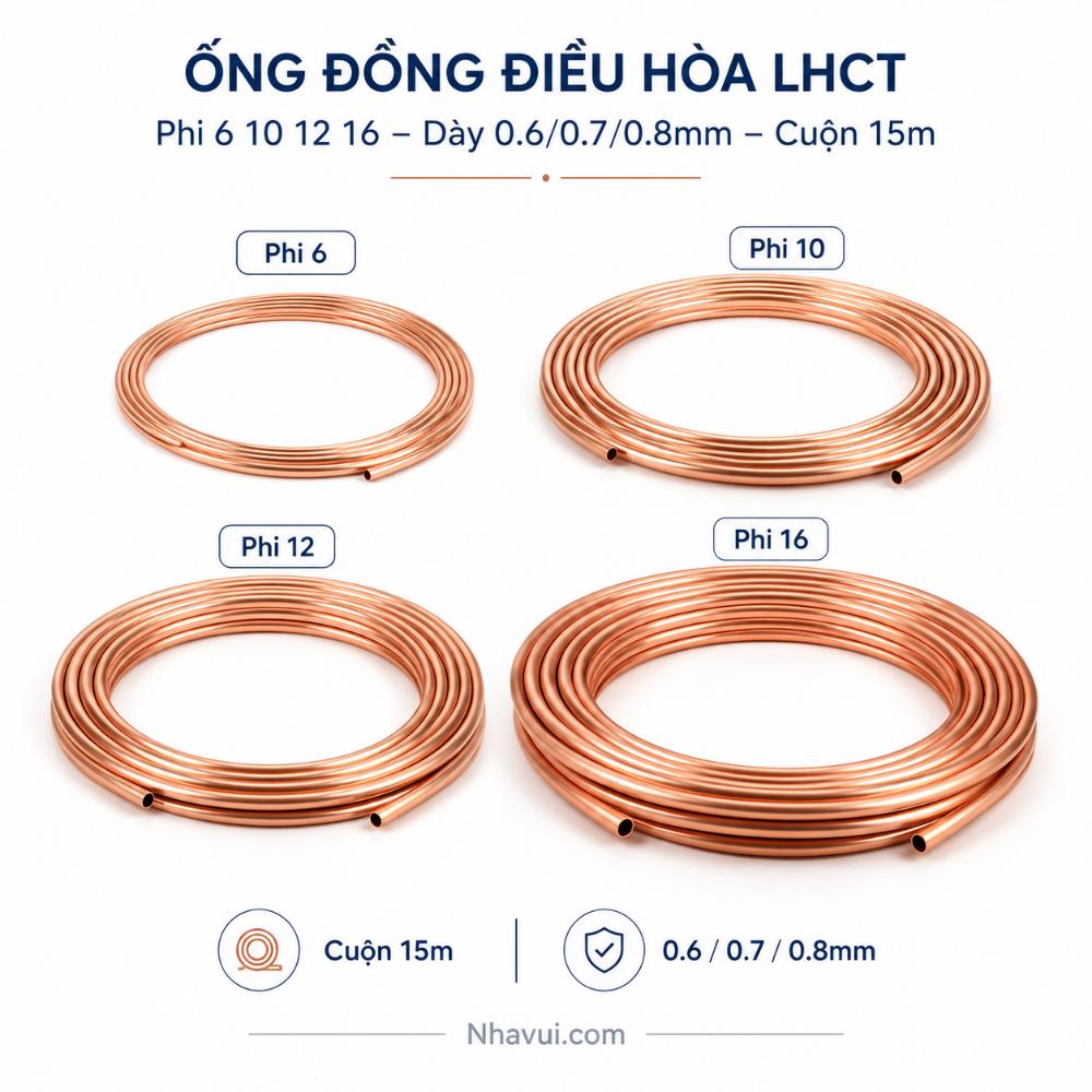 Ống đồng điều hòa LHCT phi 6 10 12 16 dày 0.6/0.7/0.8mm cuộn 15m