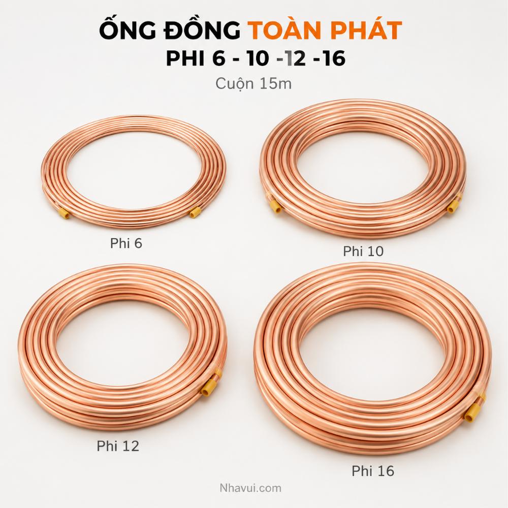 Ống đồng điều hòa Toàn Phát phi 6 10 12 16 dày 0.61/0.71/0.81mm cuộn 15m