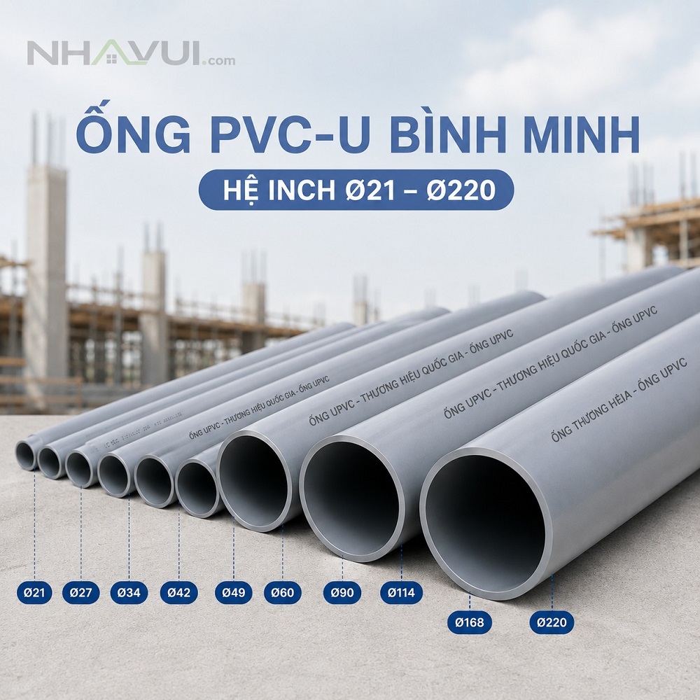 Ống nhựa cứng PVC-U Bình Minh hệ Inch Ø21–Ø220 PN4–PN15. Quy cách 4m/ 1 ống.