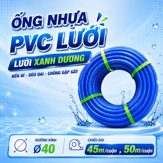Ống nhựa PVC lưới xanh dương Ø40 – Cuộn 45m, 50m