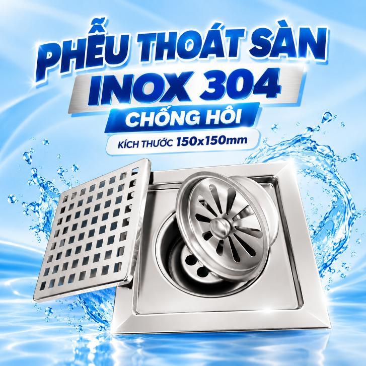 Phễu thoát sàn inox 304 chống hôi 150x150mm