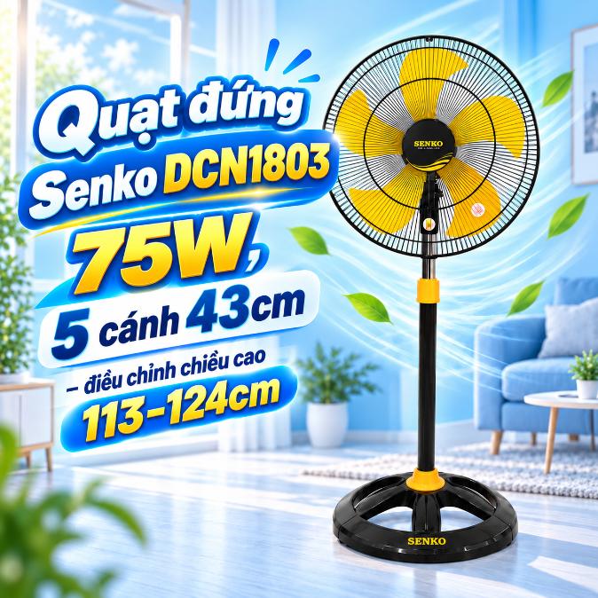 Quạt đứng Senko DCN1803 75W, 5 cánh 43cm, điều chỉnh chiều cao