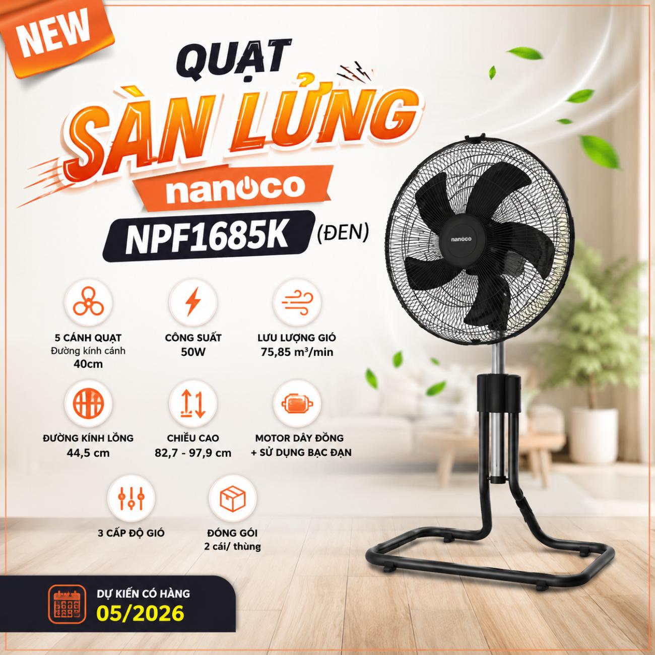 Quạt sàn lửng Nanoco NPF1685K (Đen)