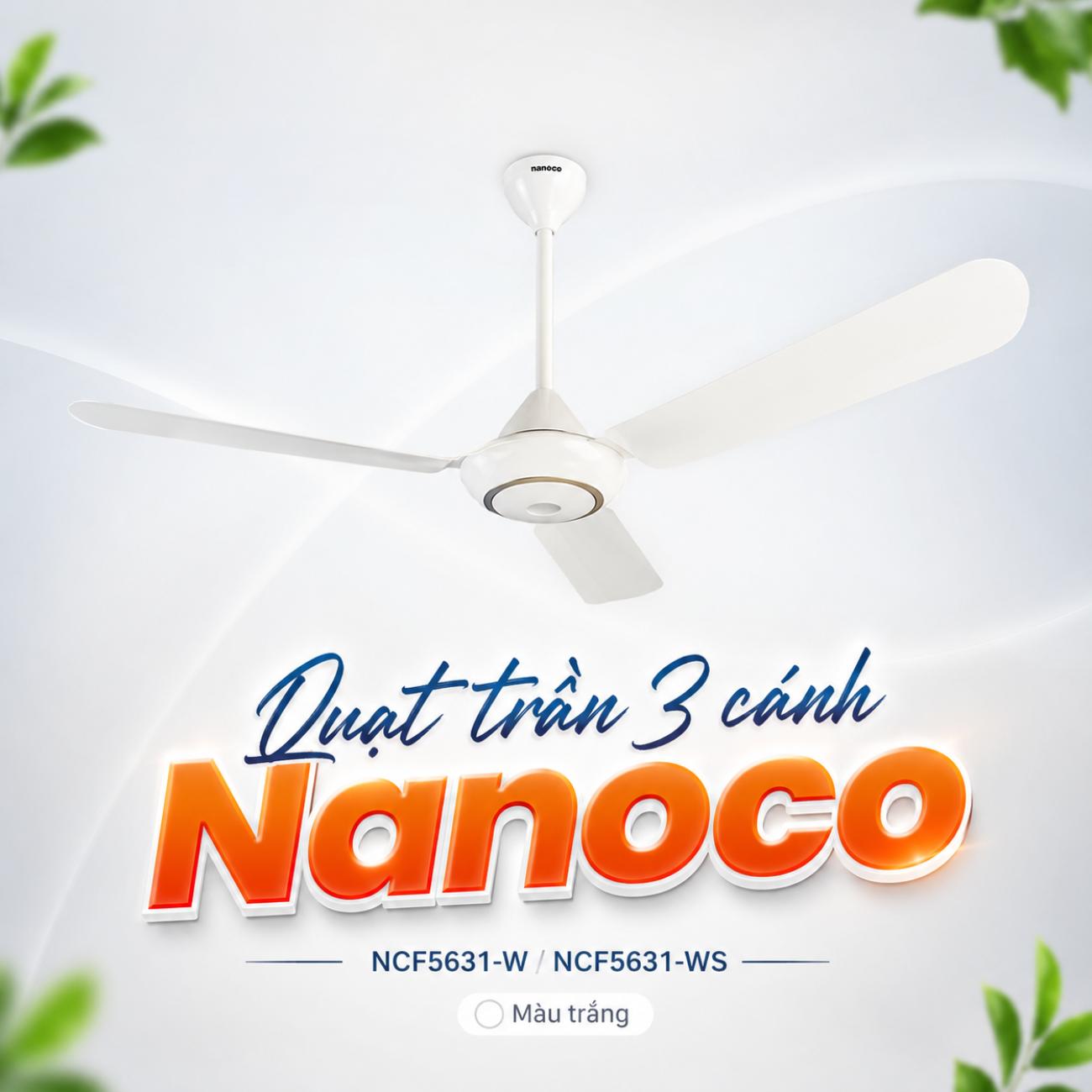 Quạt trần 3 cánh Nanoco màu trắng 80W đường kính 140cm