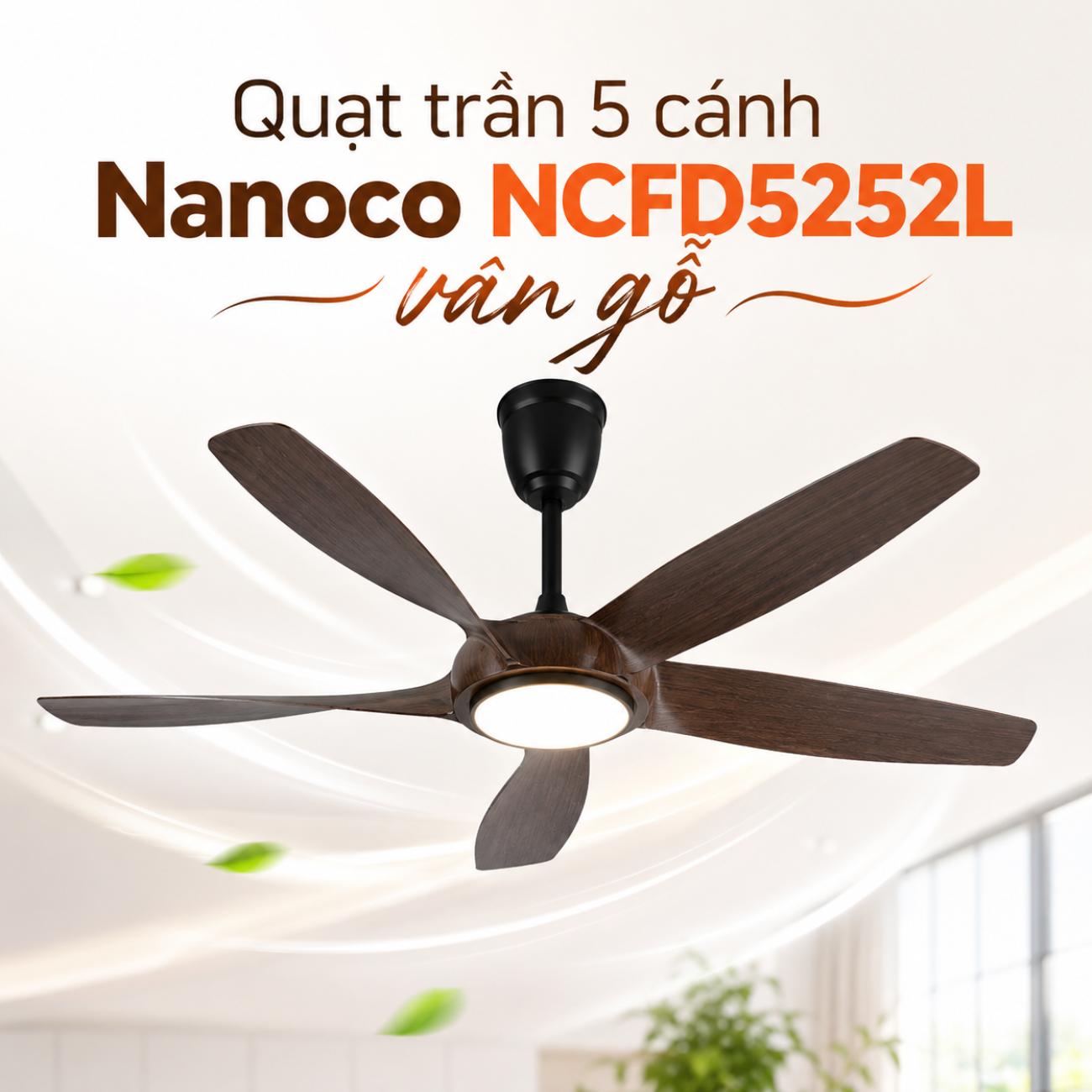 Quạt trần 5 cánh Nanoco NCFD5252L màu vân gỗ có đèn LED