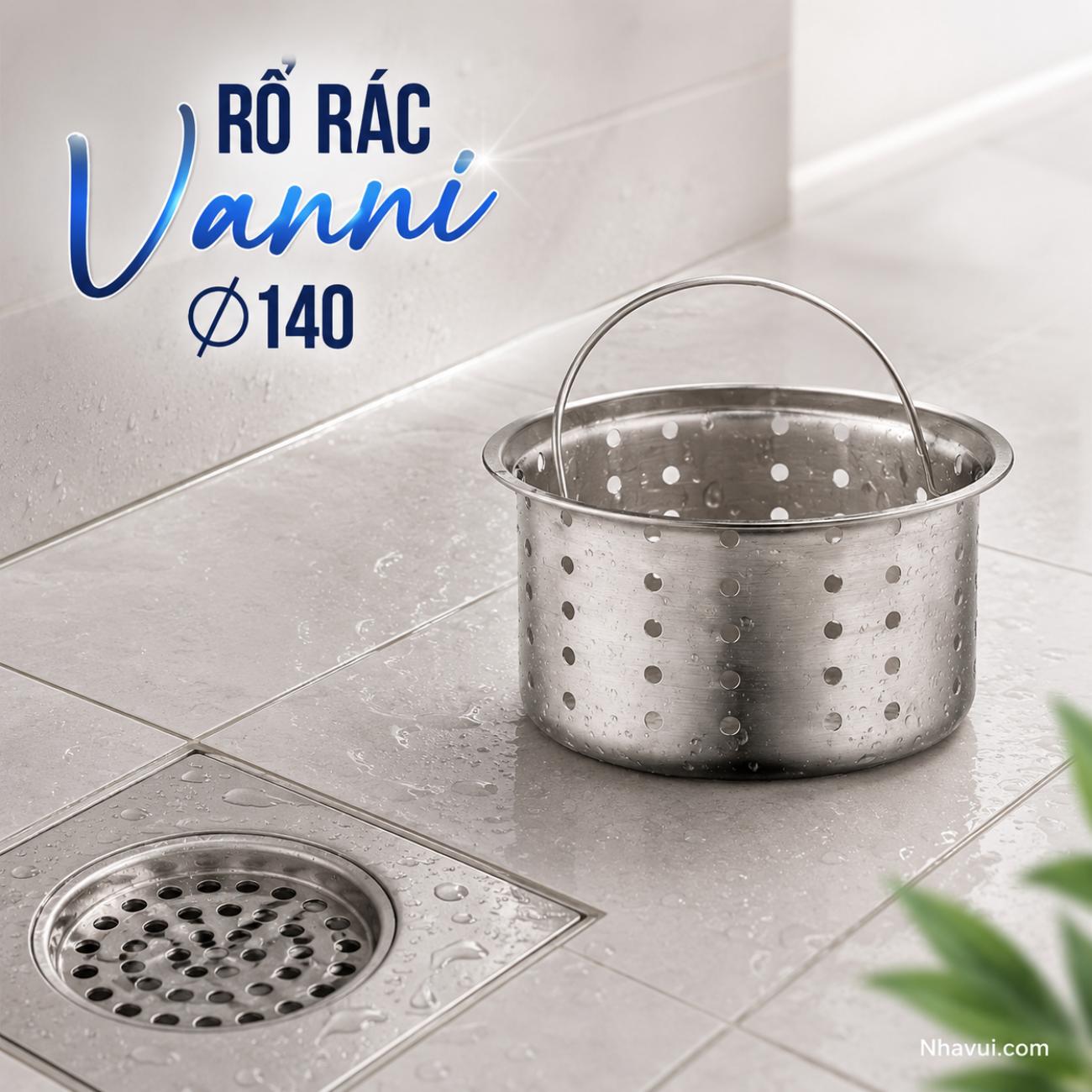Rổ rác Vanni Ø140 inox có quai xách lọc rác thoát nước