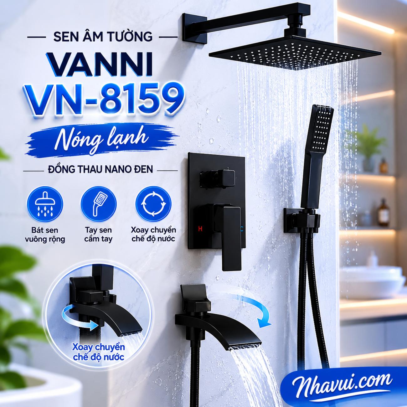 Sen âm tường nóng lạnh Vanni VN-8159 chất liệu đồng thau nano đen