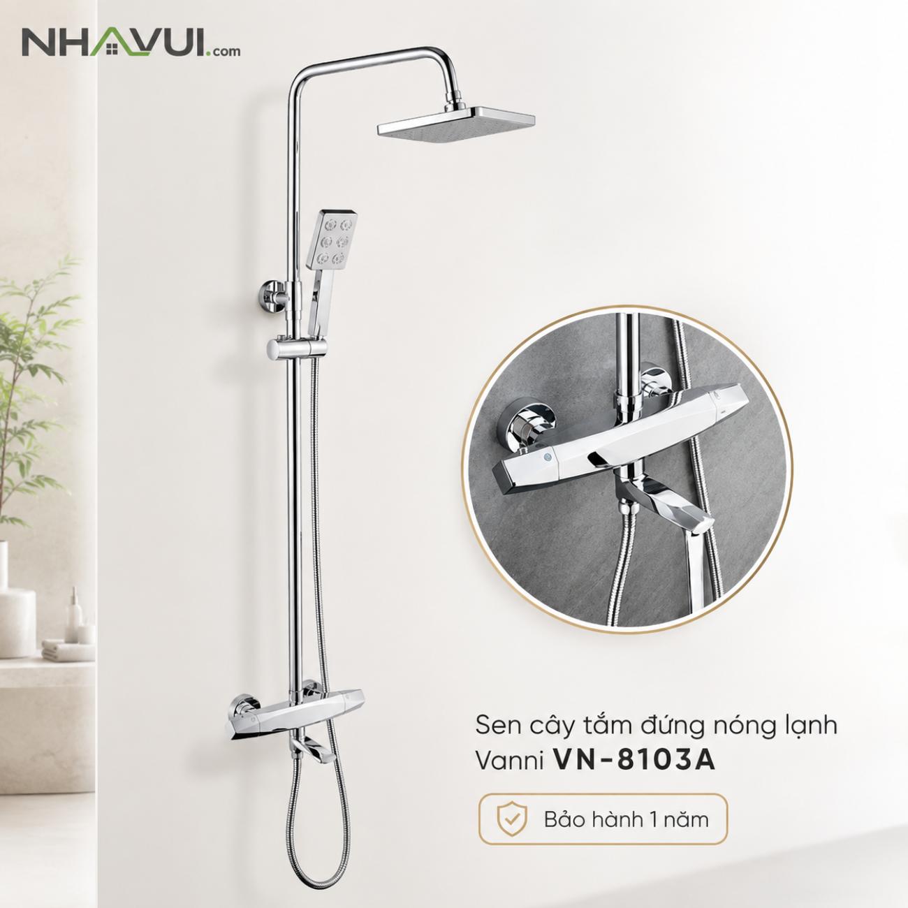 Sen cây tắm đứng nóng lạnh Vanni VN-8103A chỉnh nhiệt độ 3 chế độ đồng thau mạ chrome