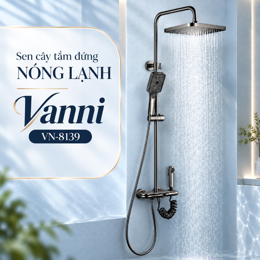 Sen cây tắm đứng nóng lạnh Vanni VN-8139 Đồng thau Nano xám 3 chế độ