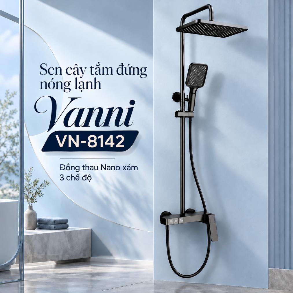 Sen cây tắm đứng nóng lạnh Vanni VN-8142 Đồng thau Nano xám 3 chế độ