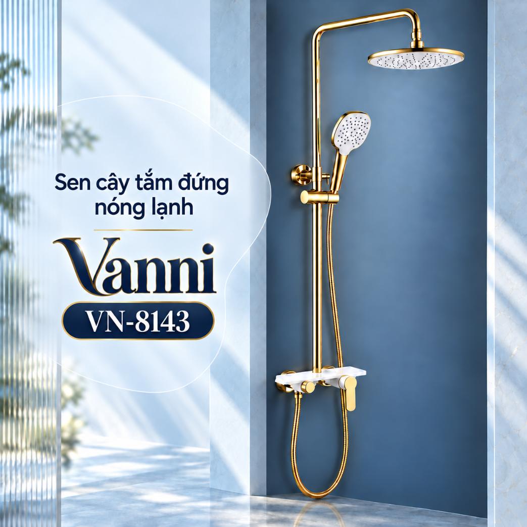 Sen cây tắm đứng nóng lạnh Vanni VN-8143 Đồng thau mạ vàng 3 chế độ