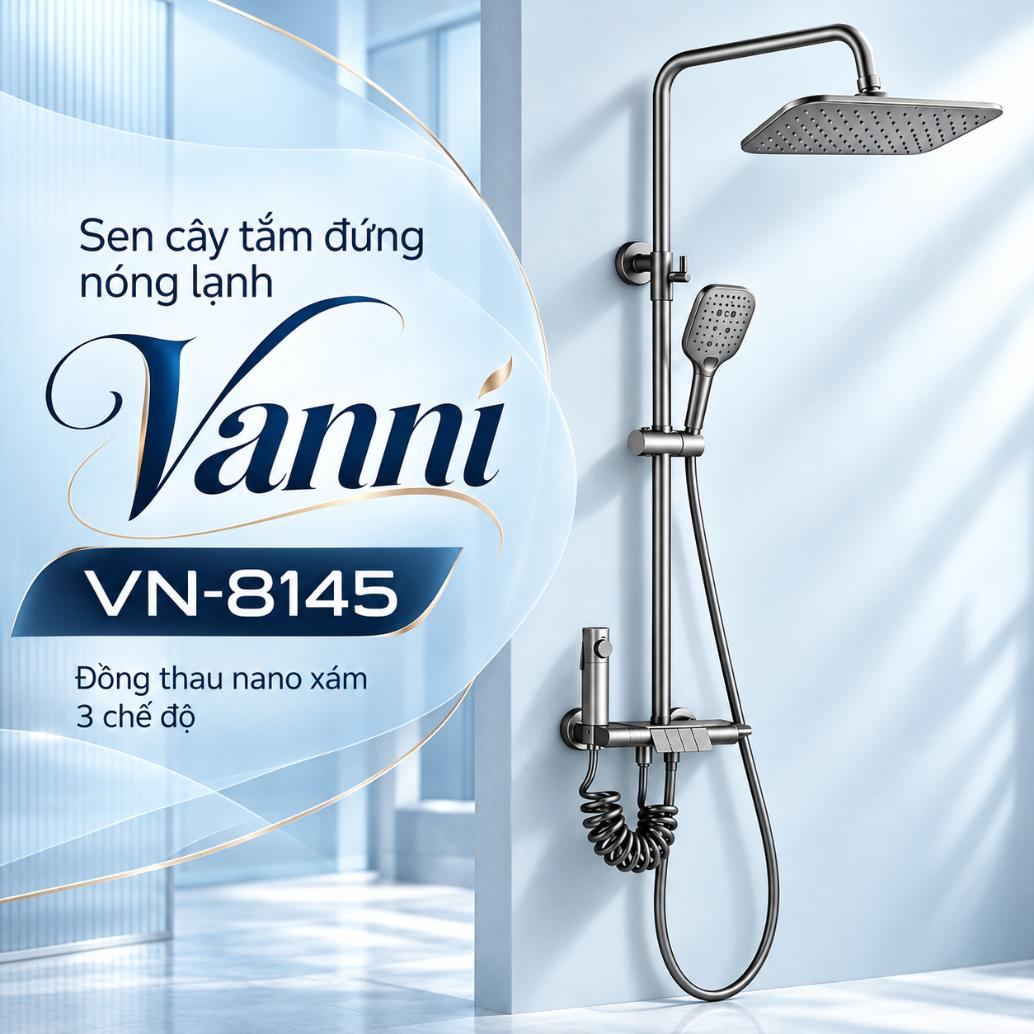 Sen cây tắm đứng nóng lạnh Vanni VN-8145 Đồng thau Nano xám 3 chế độ