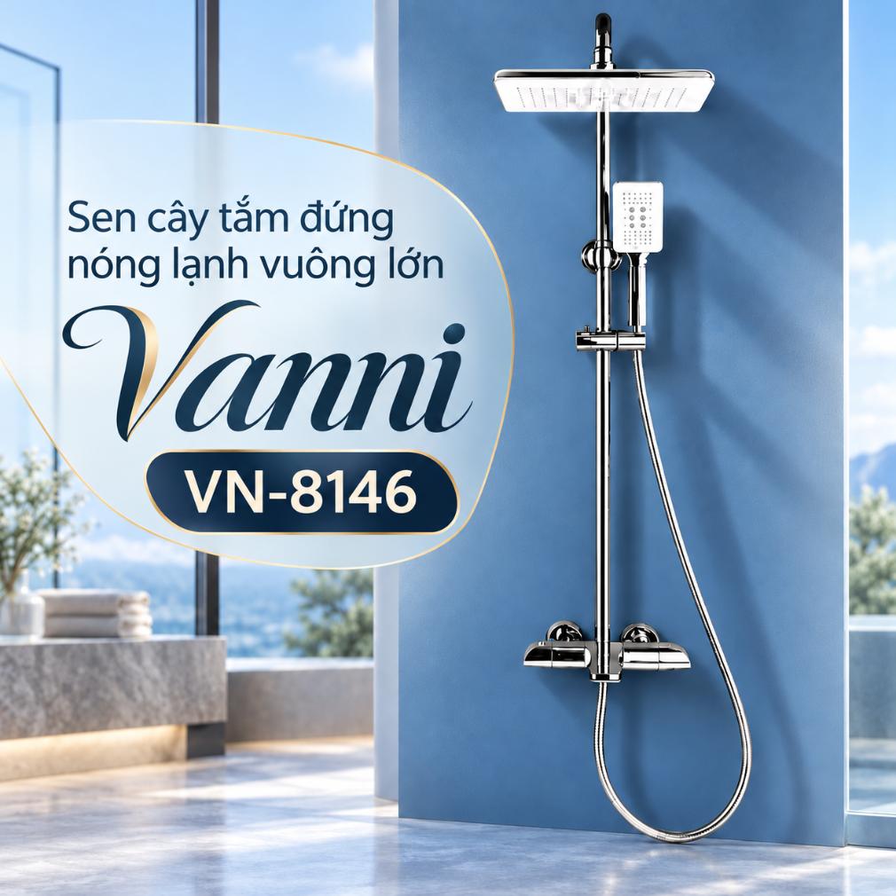 Sen cây tắm đứng nóng lạnh vuông lớn Vanni VN-8146 Đồng thau mạ chrome 3 chế độ