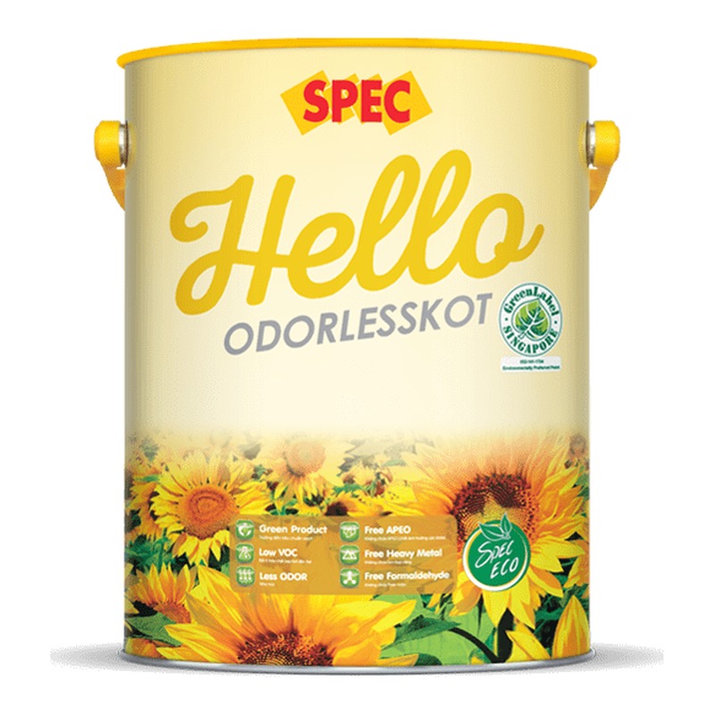 Sơn phủ nội thất SPEC Hello Odorlesskot bóng không mùi Pure Acrylic chùi rửa chống nấm mốc