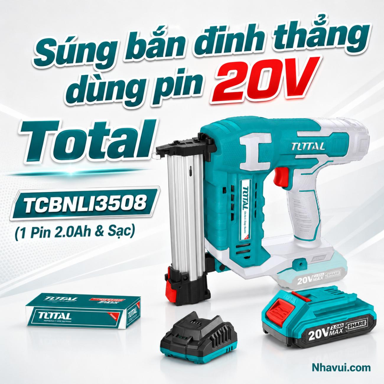 Súng bắn đinh thẳng dùng pin 20V Total TCBNLI3508 kèm 1 pin 2.0Ah và sạc