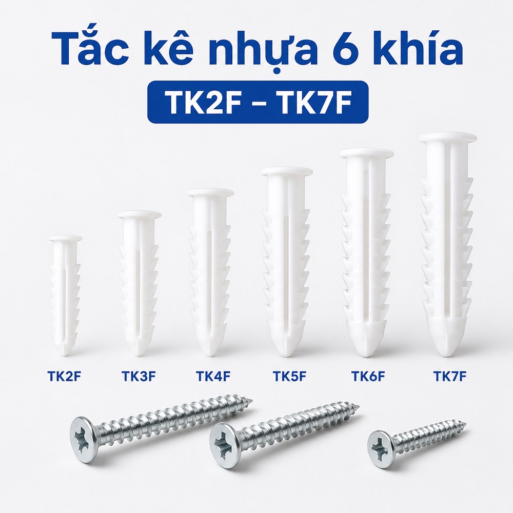Tắc kê nhựa 6 khía Tiến Phát TK2F–TK7F nhựa HDPE màu trắng