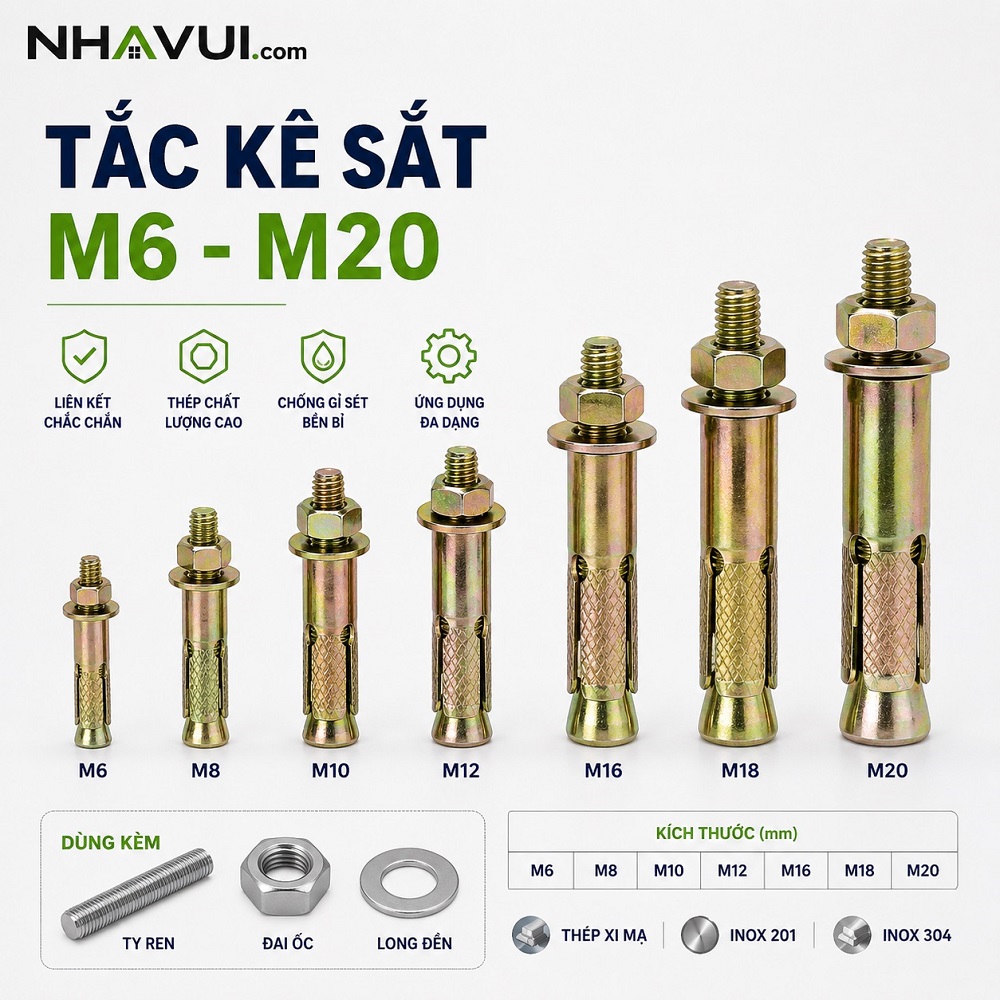 Tắc kê sắt M6–M20 chất liệu thép xi mạ, inox 201, inox 304