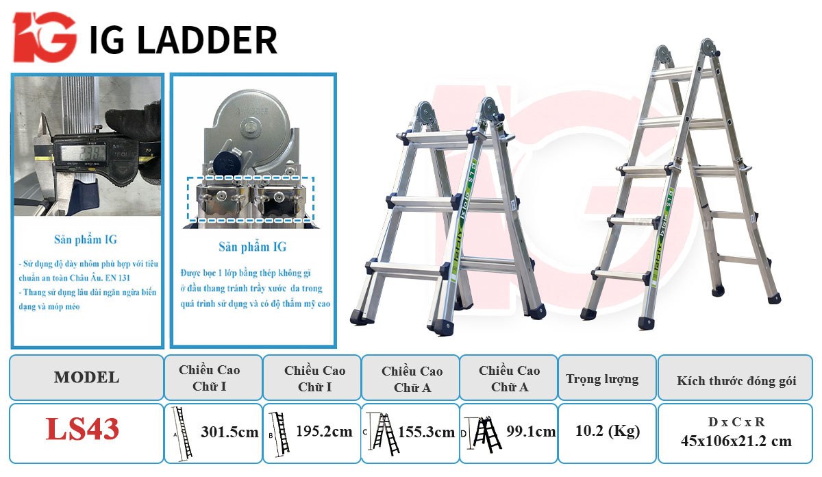 Thang nhôm gấp chữ A IG LS43 – 3/5 bậc, chữ I cao tối đa 3,01 m, tải 120 kg