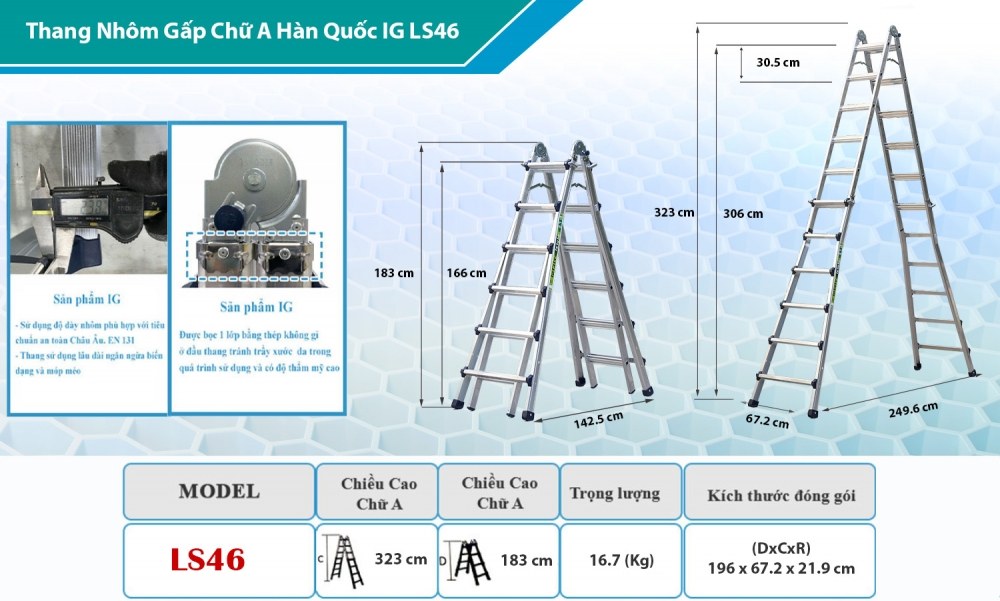Thang nhôm gấp chữ A IG LS46 – 6/11 bậc, cao tối đa 3,23 m, tải 150 kg