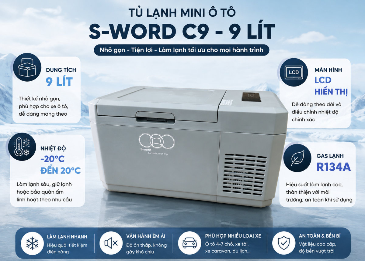 Tủ lạnh mini ô tô Alpicool C9 9 lít, làm lạnh đến -20°C, dùng điện xe và điện nhà