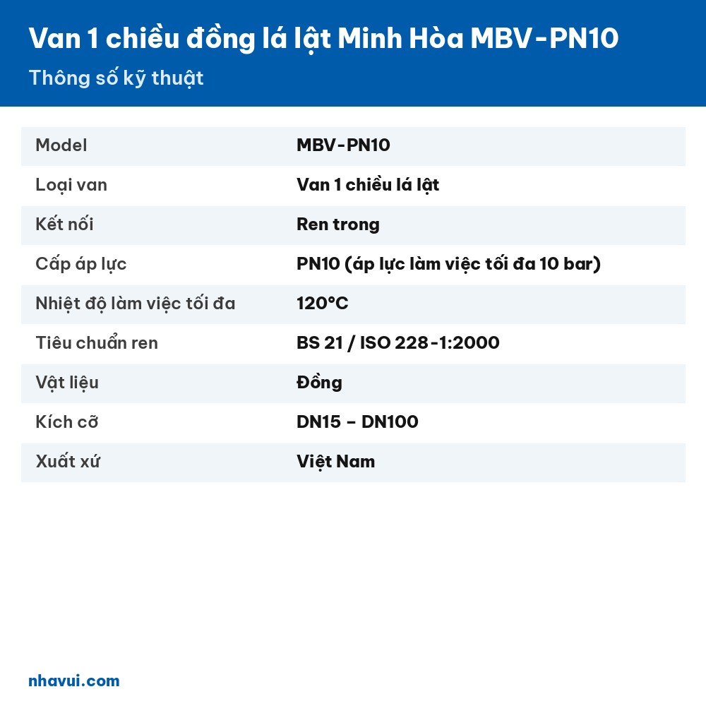 Van 1 chiều đồng lá lật Minh Hòa MBV-PN10