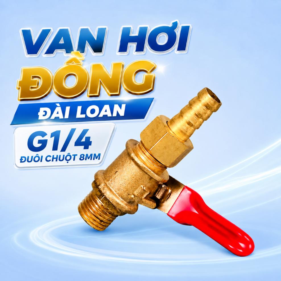 Van hơi đồng Đài Loan G1/4 đuôi chuột 8mm