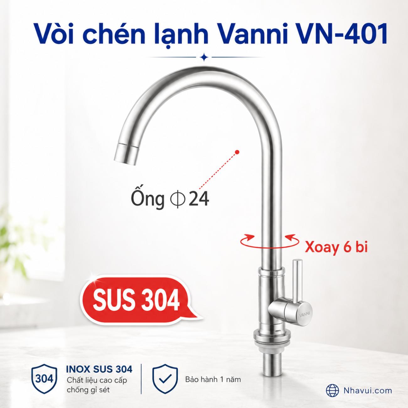 Vòi chén lạnh Vanni VN-401 chất liệu inox SUS 304 ống Ø24