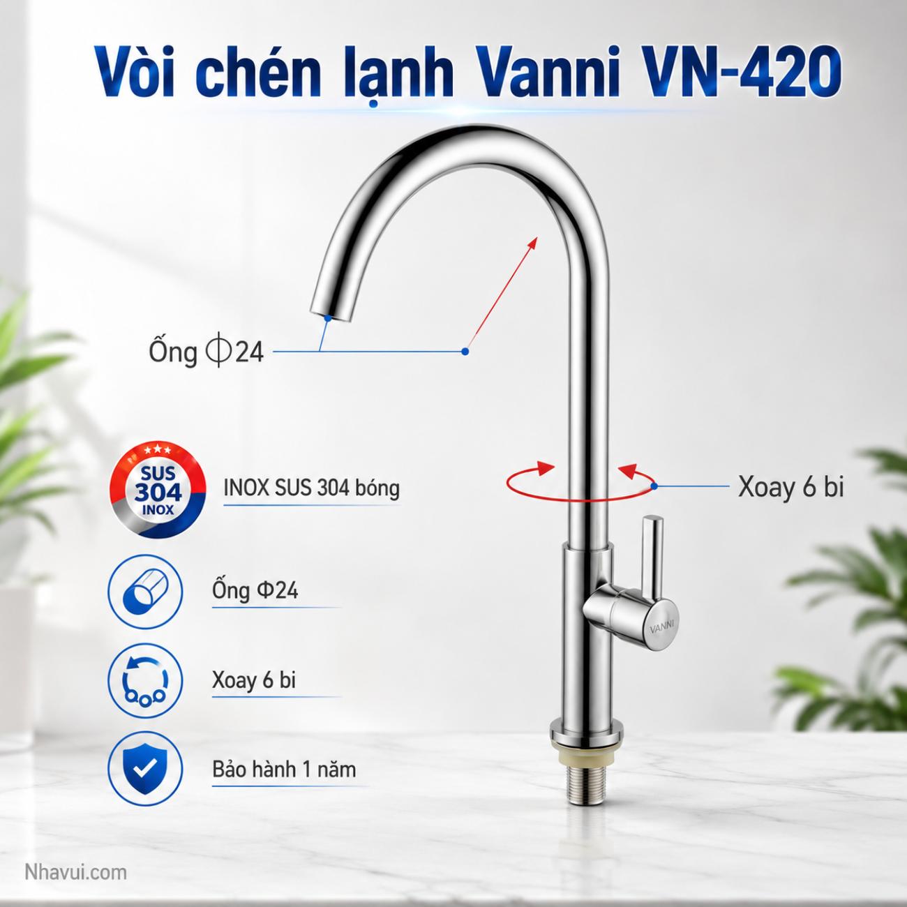 Vòi chén lạnh Vanni VN-420 chất liệu inox SUS 304 bóng ống Ø24